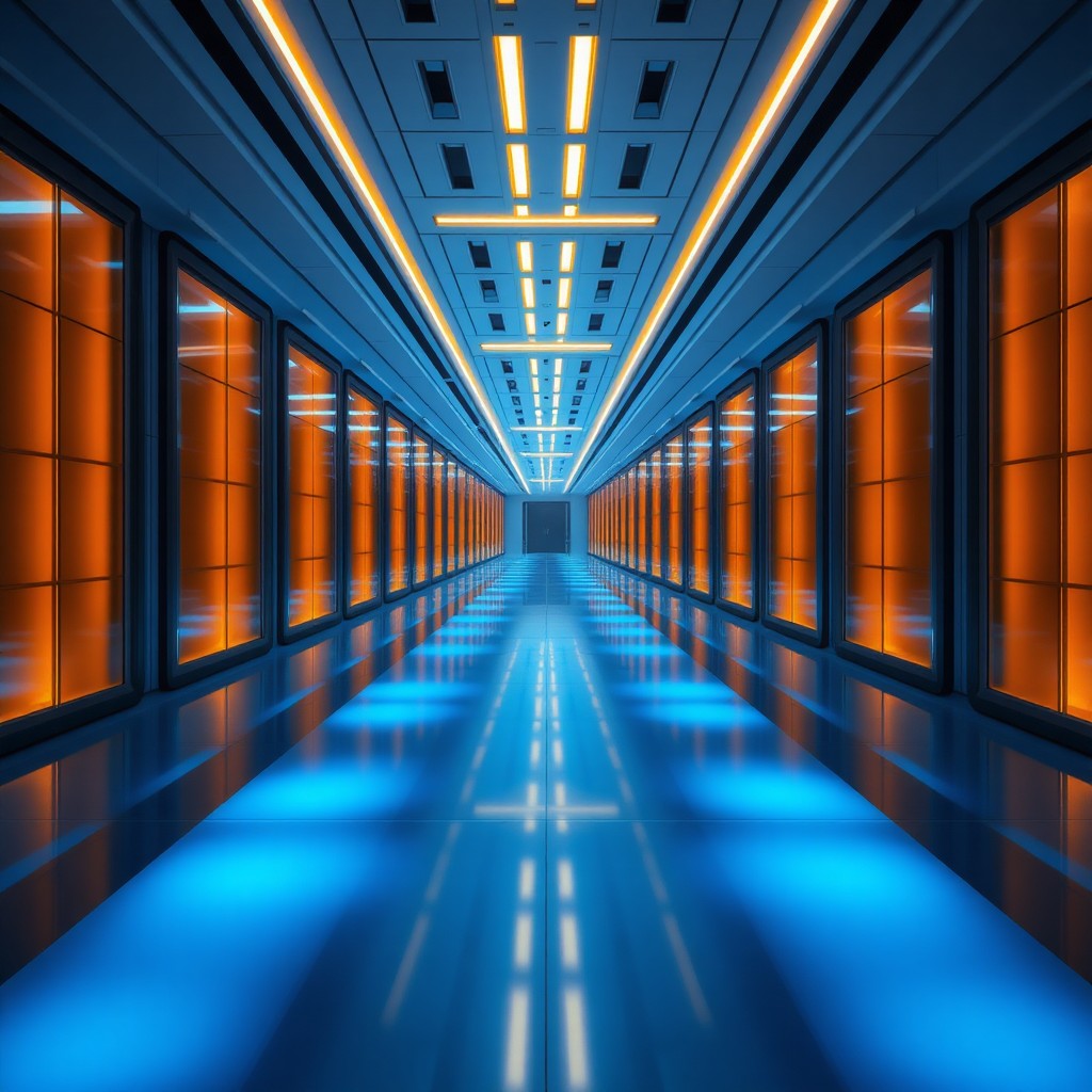 Futuristic golden corridor stretching into infinity