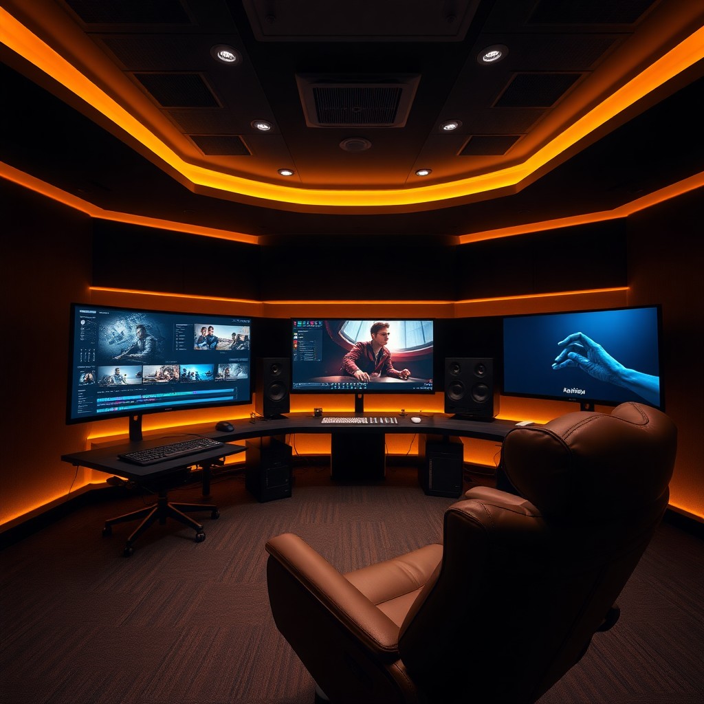 Cinematic editing suite with color grading